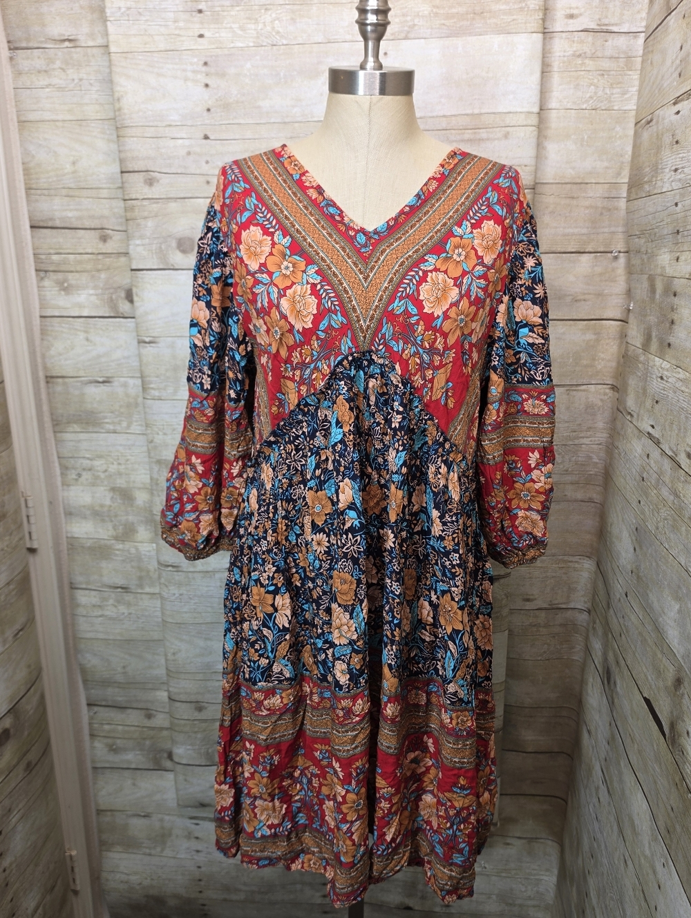 Boho Floral V-Neck Midi Dress in Red and Blue